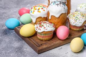 Easter cake and Easter eggs festive celebration table setting traditional decoration and treats photo