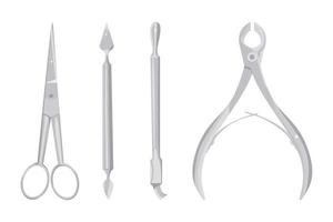 Set of metal manicure tools. Cuticle nippers, scissors and scrappers. Vector flat illustration