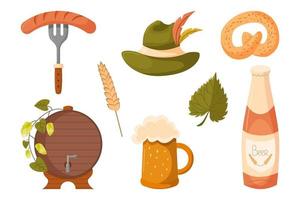 elementos de diseño de vacaciones de oktoberfest con jarra de cerveza, salchicha en tenedor, botella, sombrero, pretzel, barril y trigo vector