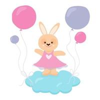 Cute bunny girl flying on a cloud with balloons. Cartoon vector illustration