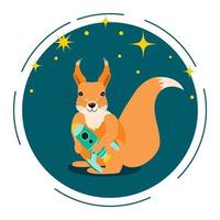 Cute squirrel with a rocket in her hands. Childish cartoon vector illustration