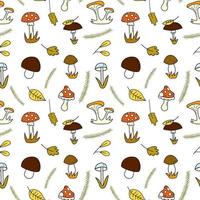 Seamless doodle pattern with forest mushrooms and fall leaves vector