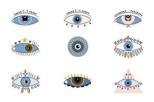 Set of different esoteric boho eyes to protect against negative effects. Hypnotic look. Colorful evil eye symbol. Vector flat illustration