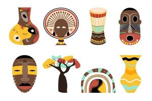 concepto étnico africano con máscara tribal, baobab, jarrones, tambor, mujer africana y arcoiris brillante. conjunto de objetos africanos. ilustración vectorial vector