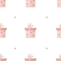 Pink gift box with bow and hearts seamless pattern. Cute minimal design for Valentine's Day or Mother's Day card, wrapping paper. Vector illustration on white background