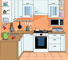 Kitchen interior with furniture. Cartoon vector illustration