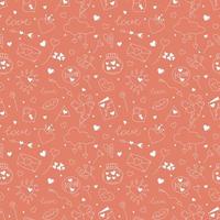 Love seamless pattern with hand drawn doodle white elements on orange background. Vector texture for Valentine's Day decoration, textile print, wrapping paper, cover.