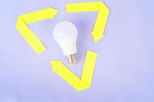 recycle mark with penergy-saving light bulb inside on very peri background. zero waste concept photo