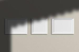 Set of white poster photo frame mockup in minimalist room with shadow overlay