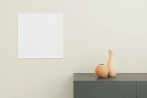 Square white poster or photo frame mockup with vase on the desk in living room interior. 3D rendering.