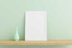 Vertical white poster or photo frame mockup on wooden table in living room interior with vase. 3D rendering.