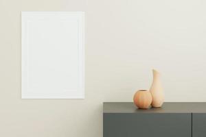 Vertical white poster or photo frame mockup with vase on the desk in living room interior. 3D rendering.