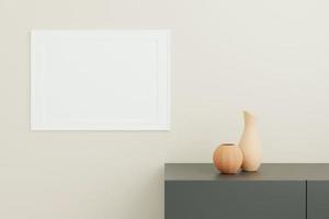 Horizontal white poster or photo frame mockup with vase on the desk in living room interior. 3D rendering.