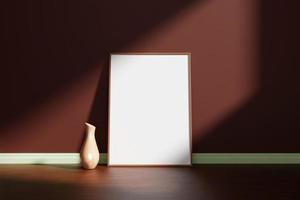 Vertical wooden poster or photo frame mockup with vase on the wooden floor leaning against the room wall with shadow