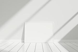 cartel blanco horizontal minimalista y limpio o maqueta de marco de fotos en el suelo apoyado contra la pared de la habitación con sombra