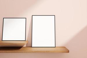 Set of minimalist and clean black poster or photo frame mockup on the wooden table leaning against the room wall