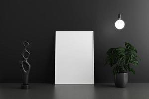 Minimalist and clean vertical white poster or photo frame mockup on the floor leaning against the dark room wall with pots and decoration