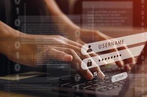 The programmer is logging in and encrypting it for security. with cybersecurity technology, website design and social security cyber concept photo