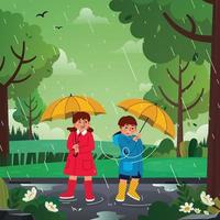 Children Under Umbrellas in Spring Shower vector