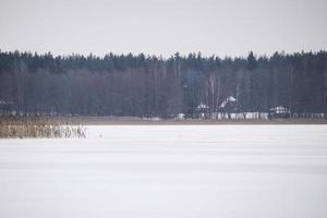 Frozen lake near forest with houses on a hill photo