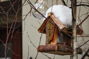 Bird feeder made as a cute small house hanging on leafless branches with snow on roof photo