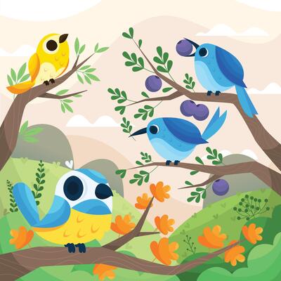 Birds Gather On Branches During Spring