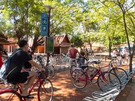 AyutthayaThailand18 OCTOBER 2018Tourists use bicycles for travel with bicycle parking at various locations and bicycle rental shops.AyutthayaThailand18 OCTOBER 2018 photo