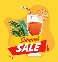 banner de venta de verano, cartel de descuento de temporada con cóctel, invitación para comprar con etiqueta de venta de verano, tarjeta de oferta especial vector