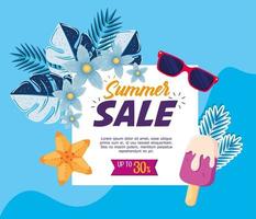 pancarta de venta de verano, afiche de descuento de temporada con gafas de sol, hojas tropicales y helado, invitación para comprar con una etiqueta de hasta el treinta por ciento vector