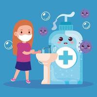 prevent covid 19, wearing medical mask, wash your hands, girl wearing protective mask vector