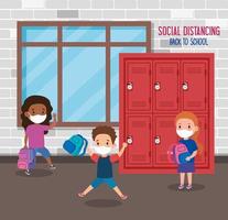 back to school for new normal lifestyle concept, children wearing medical mask and social distancing protect coronavirus covid 19, in school vector