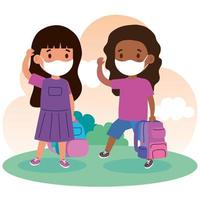 cute girl students wearing medical masks to prevent coronavirus covid 19 with school bags vector