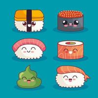 seis lindos iconos kawaii de sushi vector