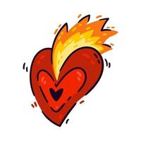 Burning heart with flame. Element for design saint valentine day, 14 February. Vector illustration doodle style isolated on white background. Hand drawn colored trendy clip art. Symbol of passion love