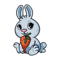 lindo conejito de Pascua con zanahoria. conejo el símbolo del año nuevo chino 2023. liebre con ojos grandes y vegetales. ilustración de vector de animales de granja aislado fondo blanco. arte de dibujos animados de mascotas domésticas.