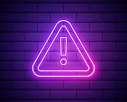 Caution neon sign on brick wall. Glowing exclamation mark icon. Warning symbol. Attention button. Realistic night signboard. Night bright advertising. Vector illustration