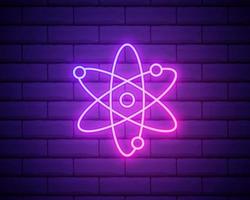 atom, chemistry outline icon in neon style. elements of education illustration line icon. signs, symbols can be used for web, logo, mobile app, UI, UX isolated on brick wall vector