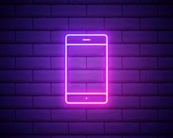 Mobile phone neon sign. Gadget glowing icon. Vector illustration for design. Technology concept isolated on brick wall background