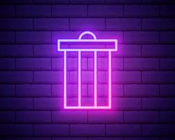 Glowing neon Trash can icon isolated on brick wall background. Garbage bin sign. Recycle basket icon. Office trash icon. Vector Illustration.