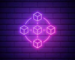 Blockchain technology modern icon. Vector block chain symbol or logo element in colour neon style. Bright pink neon icon of blockchain isolated on brick wall