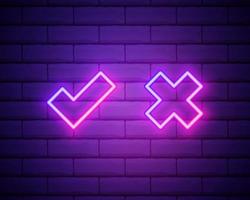 Neon check mark and cross on brick wall. Pink tick and decline symbol isolated on brick wall. Accept and reject. Right and wrong. Bright neon design for games, app, web page. Vector illustration.