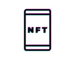 Flat NFT Glitch with mobile phone isolated Icon. Silhouette Phone with NFT cryptocurrency symbol in Glitch art style in neon glow colors. Crypto Money Vector isolated illustration.