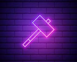 Mallet neon icon. Vector illustration for design. hammer glowing sign. Construction tools concept isolated on brick wall