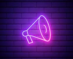 Glowing neon line Megaphone icon isolated on brick wall background. Speaker sign. Colorful outline concept. Vector