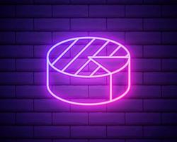 Glowing neon line Pie chart infographic icon isolated on brick wall background. Diagram chart sign. Vector Illustration.