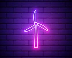 Glowing neon Wind turbine icon isolated on brick wall background. Wind generator sign. Windmill for electric power production. Vector Illustration.