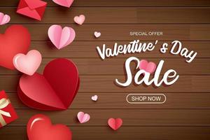 Valentines day sale banner template with heart and text on wood background. vector