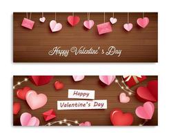 banner del día de san valentín con corazón sobre fondo de madera y tipografía de texto feliz día de san valentín. vector