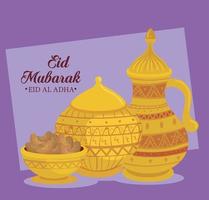 eid al adha mubarak, happy sacrifice feast, with ceramic pots traditions vector