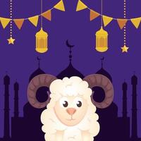 eid al adha mubarak, happy sacrifice feast, goat with lanterns and garlands hanging vector